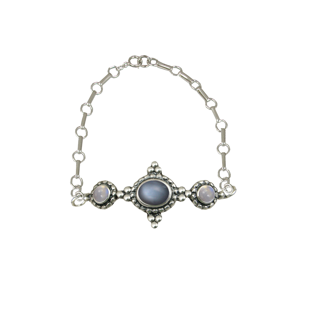 Sterling Silver Gemstone Adjustable Chain Bracelet With Grey Moonstone And Rainbow Moonstone